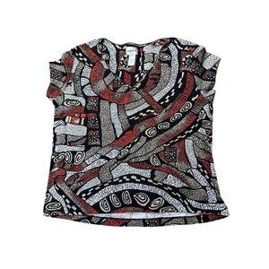 Chicos Abstract Print Top Size L Black/Red/White V-Neck Short Sleeve Lightweight
